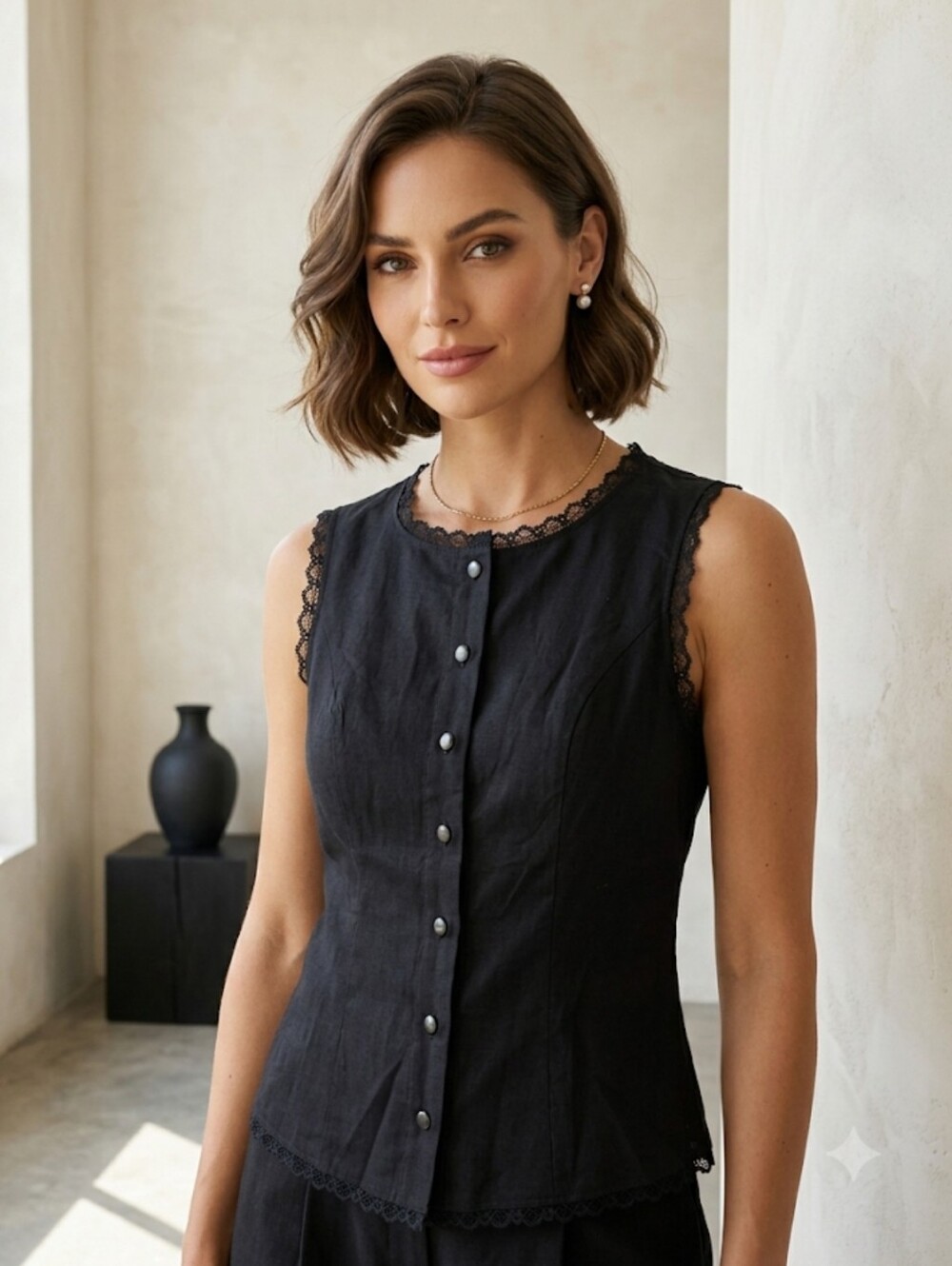 Poéselle 100% Cotton Black Sleeveless Button  Down Blouse Lace Trim Tie String M